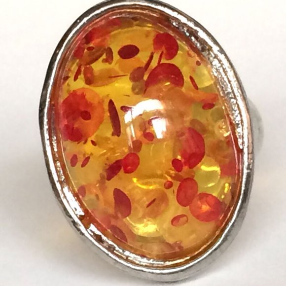 Vintage Faux Honey Amber Cocktail Ring Size 7 8 Oval Cut Silver Plated Simulated - Picture 2 of 9